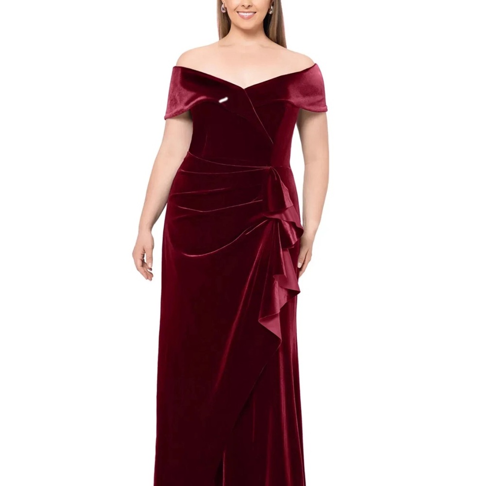 Xscape Off-Shoulder Velvet Maxi Dress in Deep Red